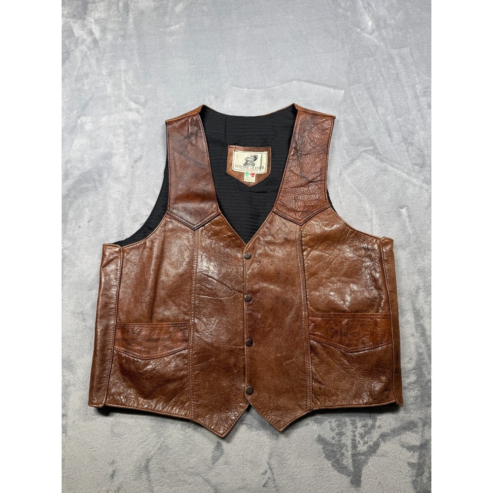 Vintage Genuine Leather Western Vest Mens Large Brown Yoke Cowboy Button Front
